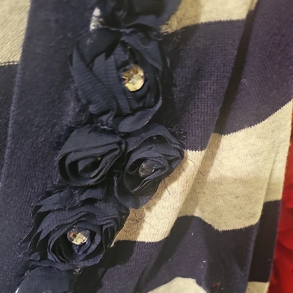 Justice Girls Striped Navy and Gray Buttin Vneck Sweater With Flowers Size 14